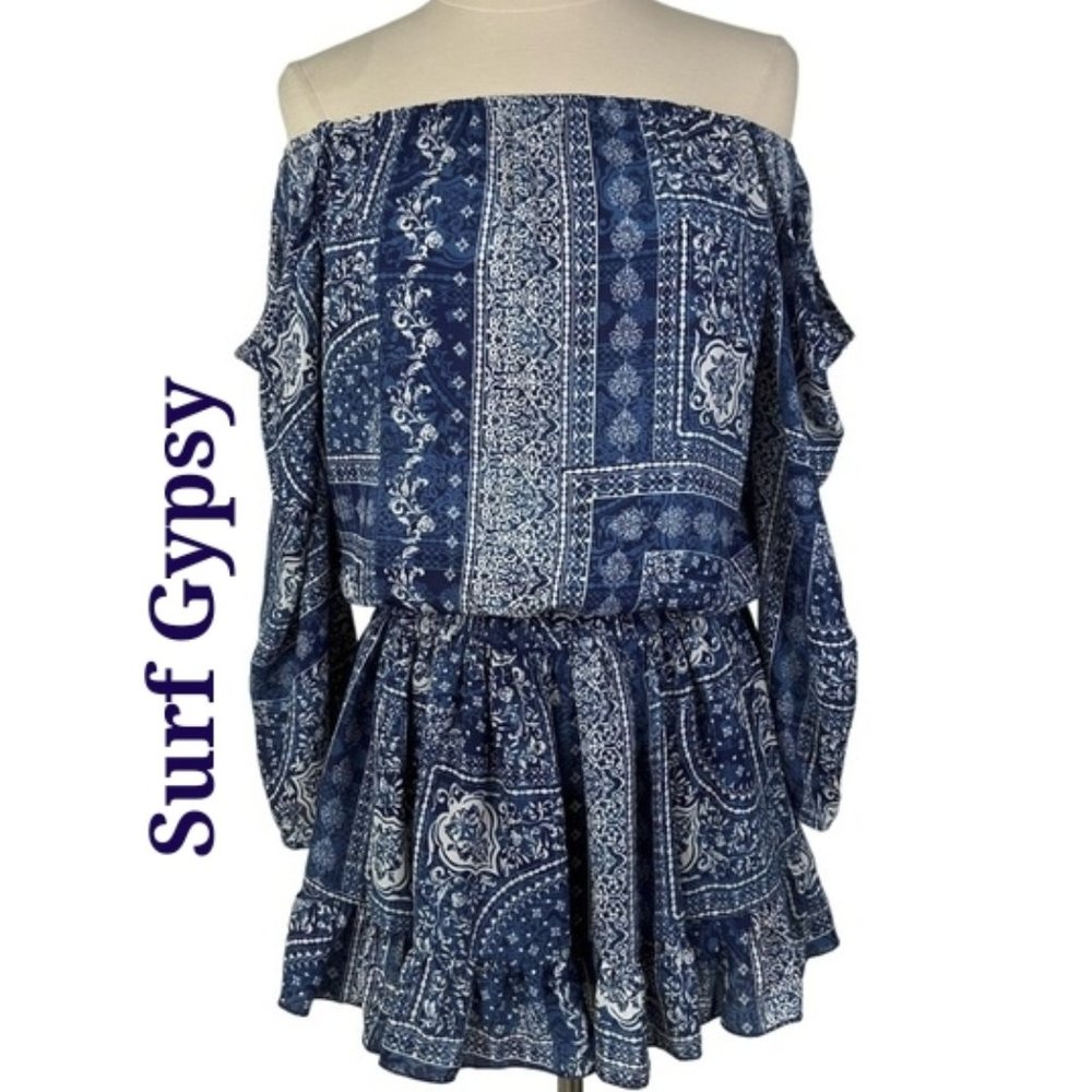 ❣️HP❣️NWT Surf Gypsy Blue White Cold Shoulder Floral Ruffle Mini Dress. Sz: S